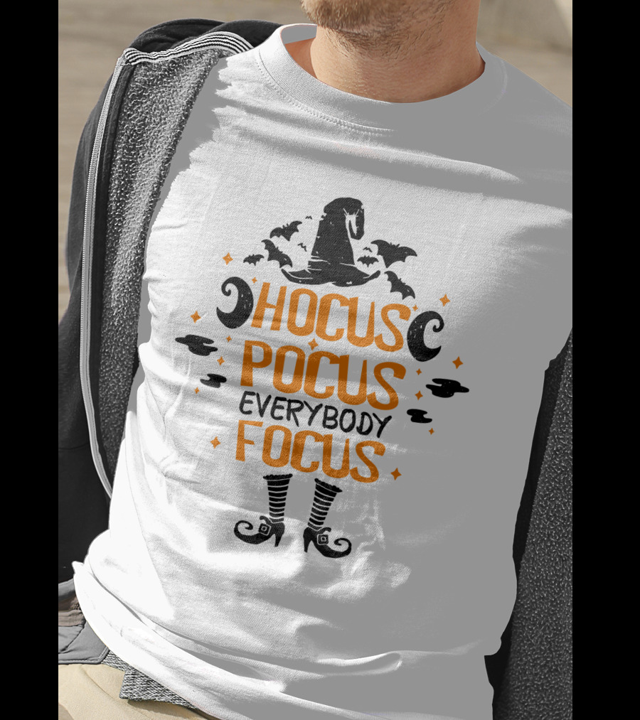 Halloween Hocus Pocus Everybody Focus Funny Teacher Witch Hat Bats Boots T-Shirt
