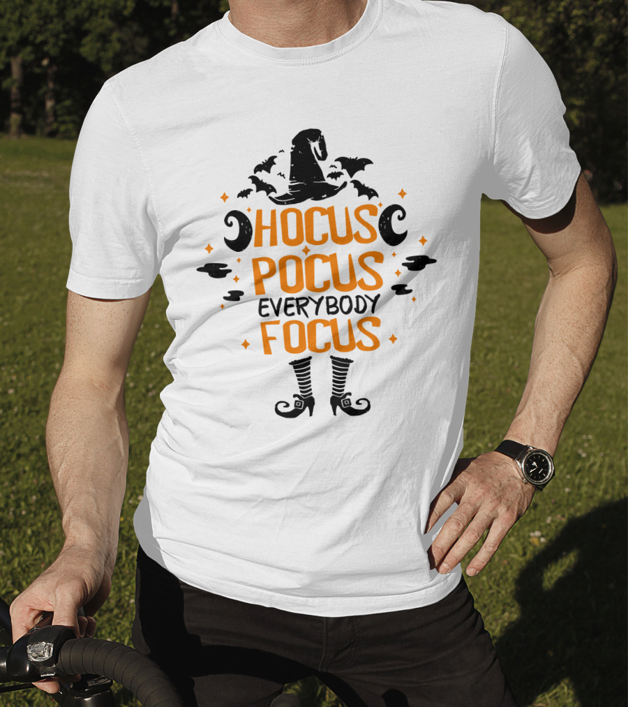 Halloween Hocus Pocus Everybody Focus Funny Teacher Witch Hat Bats Boots T-Shirt