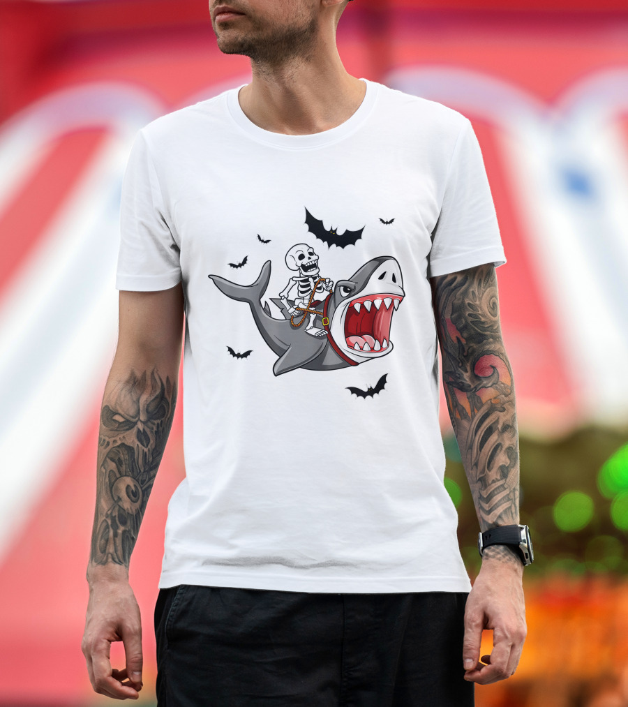 Skeleton Riding Shark with Bats T-Shirt