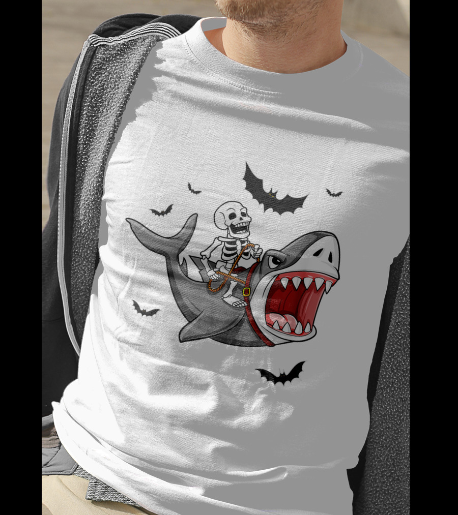 Skeleton Riding Shark With Bats T-Shirt