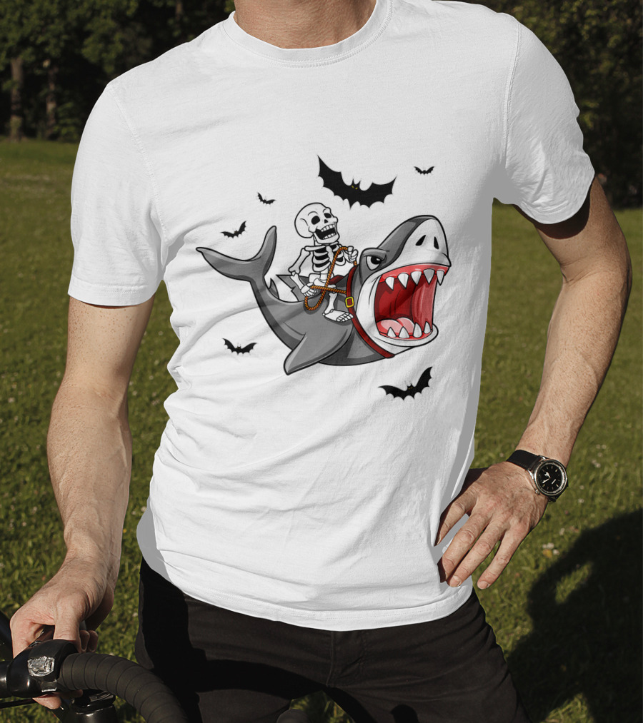 Skeleton Riding Shark With Bats T-Shirt