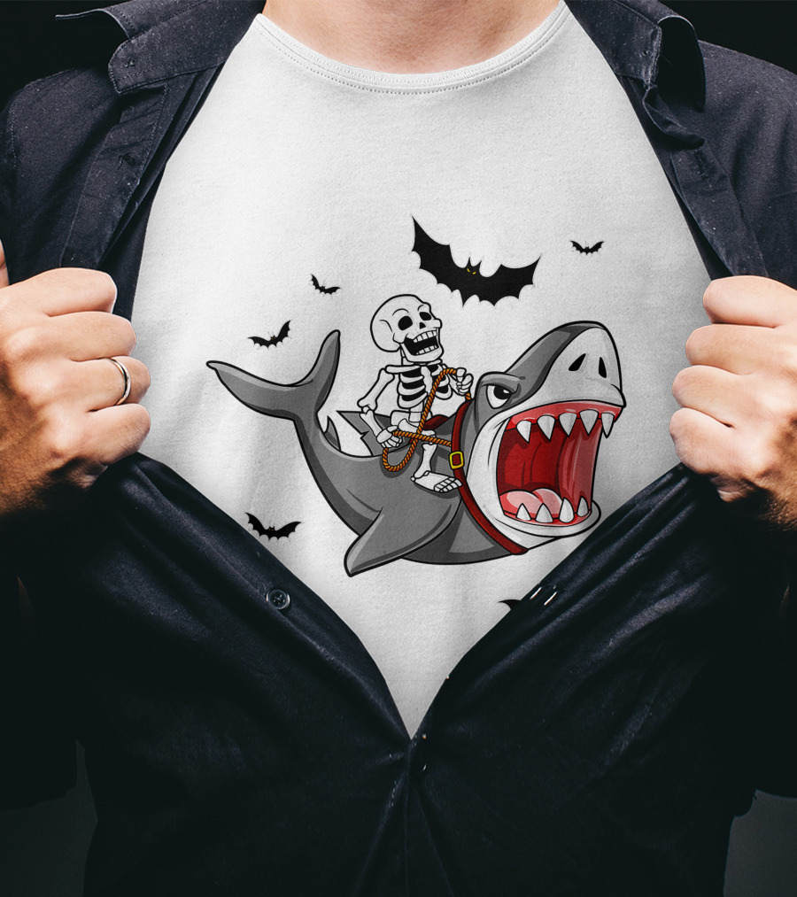 Skeleton Riding Shark With Bats T-Shirt