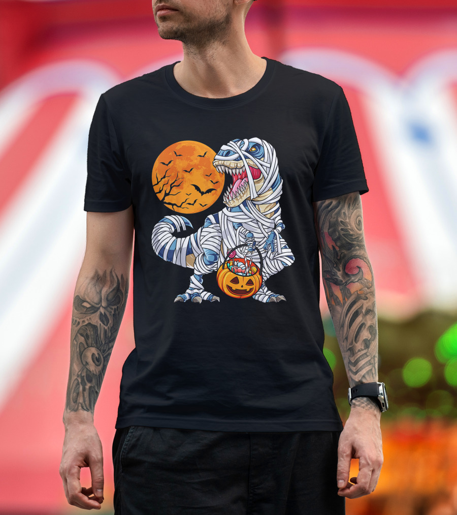Halloween Dinosaur T-Rex Mummy Pumpkin Moon Bats T-Shirt