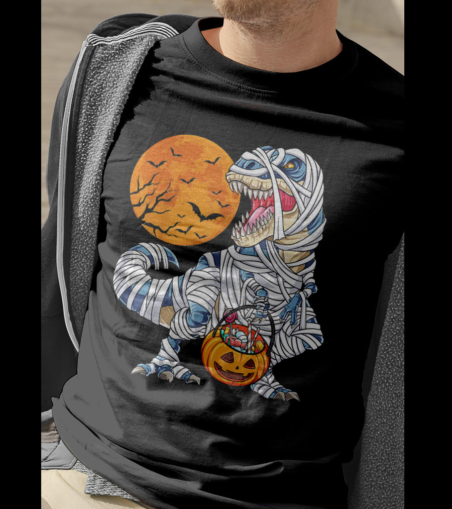 Halloween Dinosaur T-Rex Mummy Pumpkin Moon Bats T-Shirt