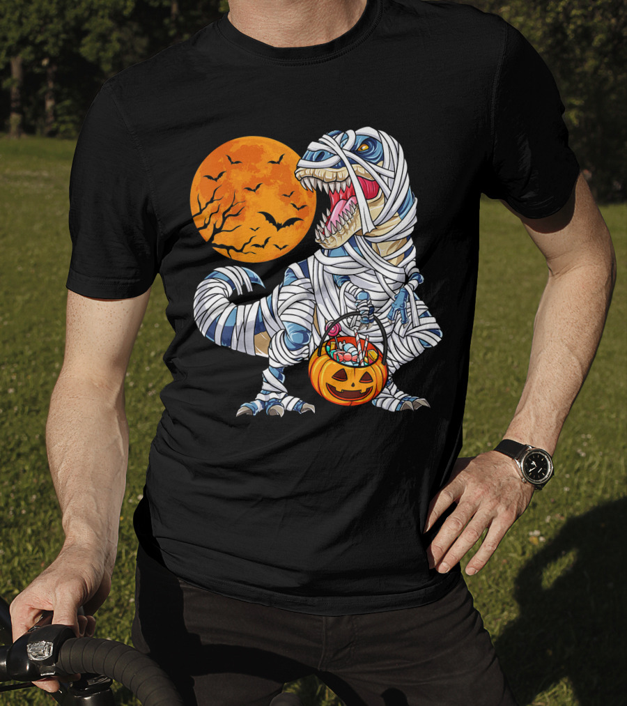 Halloween Dinosaur T-Rex Mummy Pumpkin Moon Bats T-Shirt