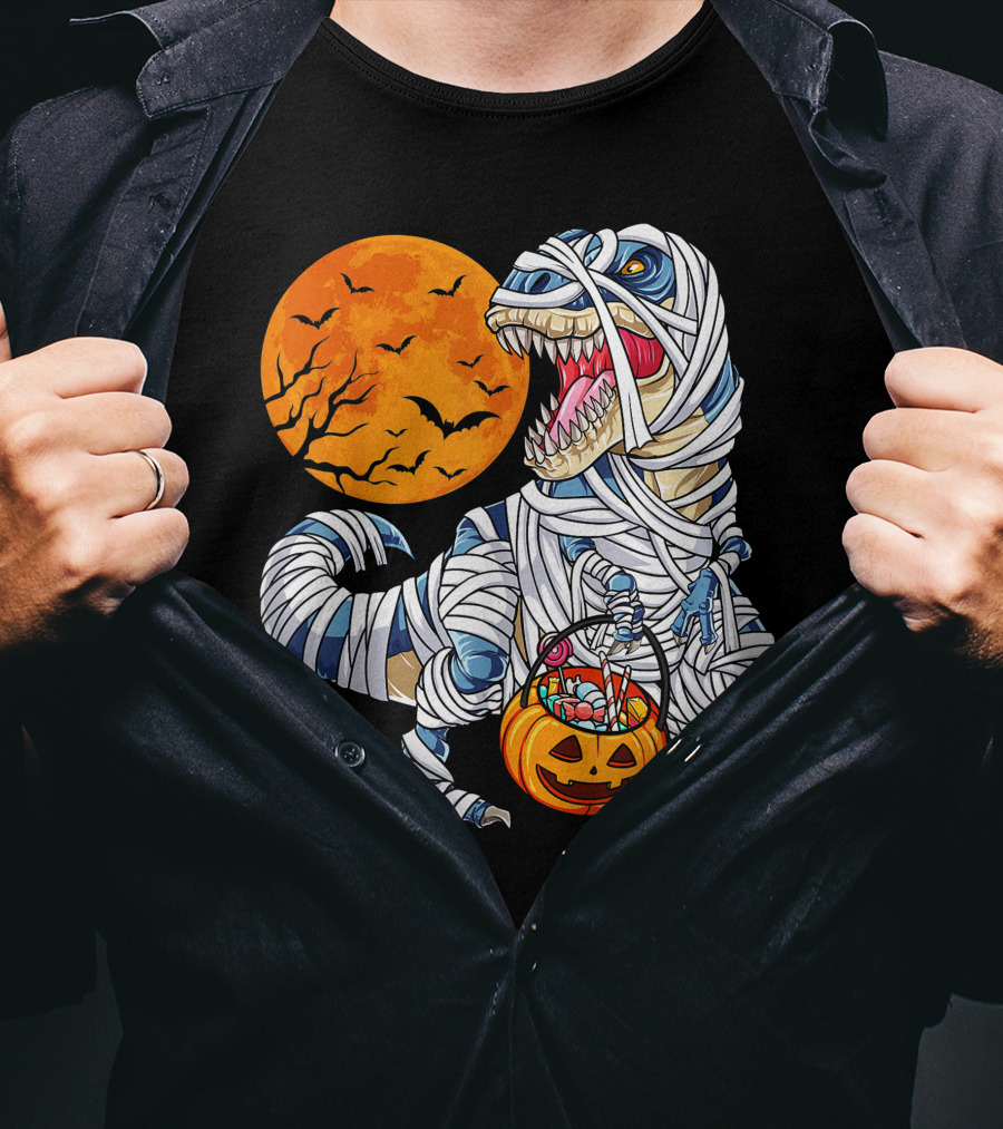 Halloween Dinosaur T-Rex Mummy Pumpkin Moon Bats T-Shirt