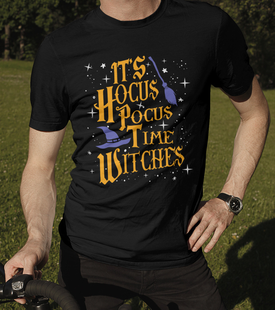Halloween It's Hocus Pocus Time Witches With Stars Broom And Hat T-Shirt