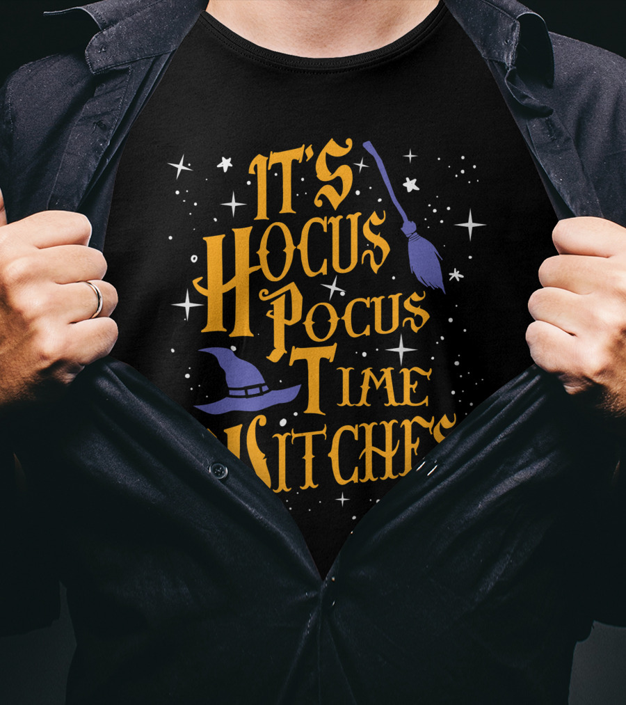 Halloween It's Hocus Pocus Time Witches With Stars Broom And Hat T-Shirt