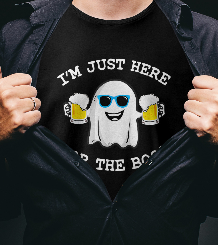 I'm Just Here For The Boos Funny Halloween Ghost With Beers And Sunglasses T-Shirt