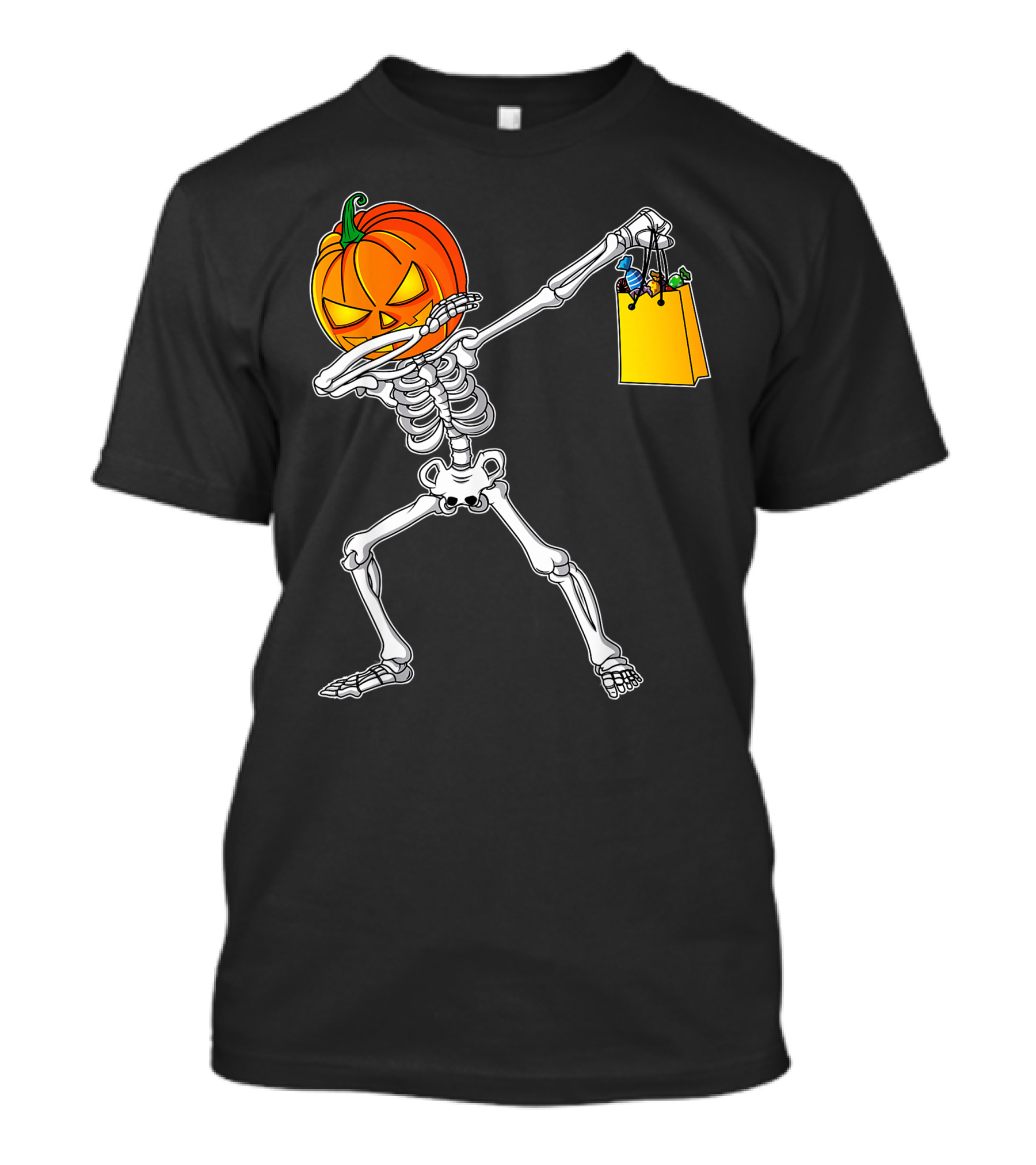 Funny Dabbing Skeleton With Pumpkin Head And Candy Bag For Halloween Kids T-Shirt