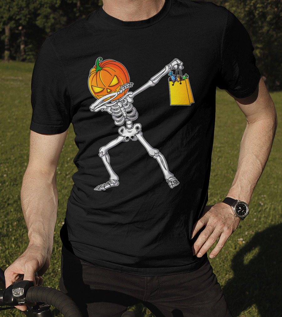 Funny Dabbing Skeleton With Pumpkin Head And Candy Bag For Halloween Kids T-Shirt