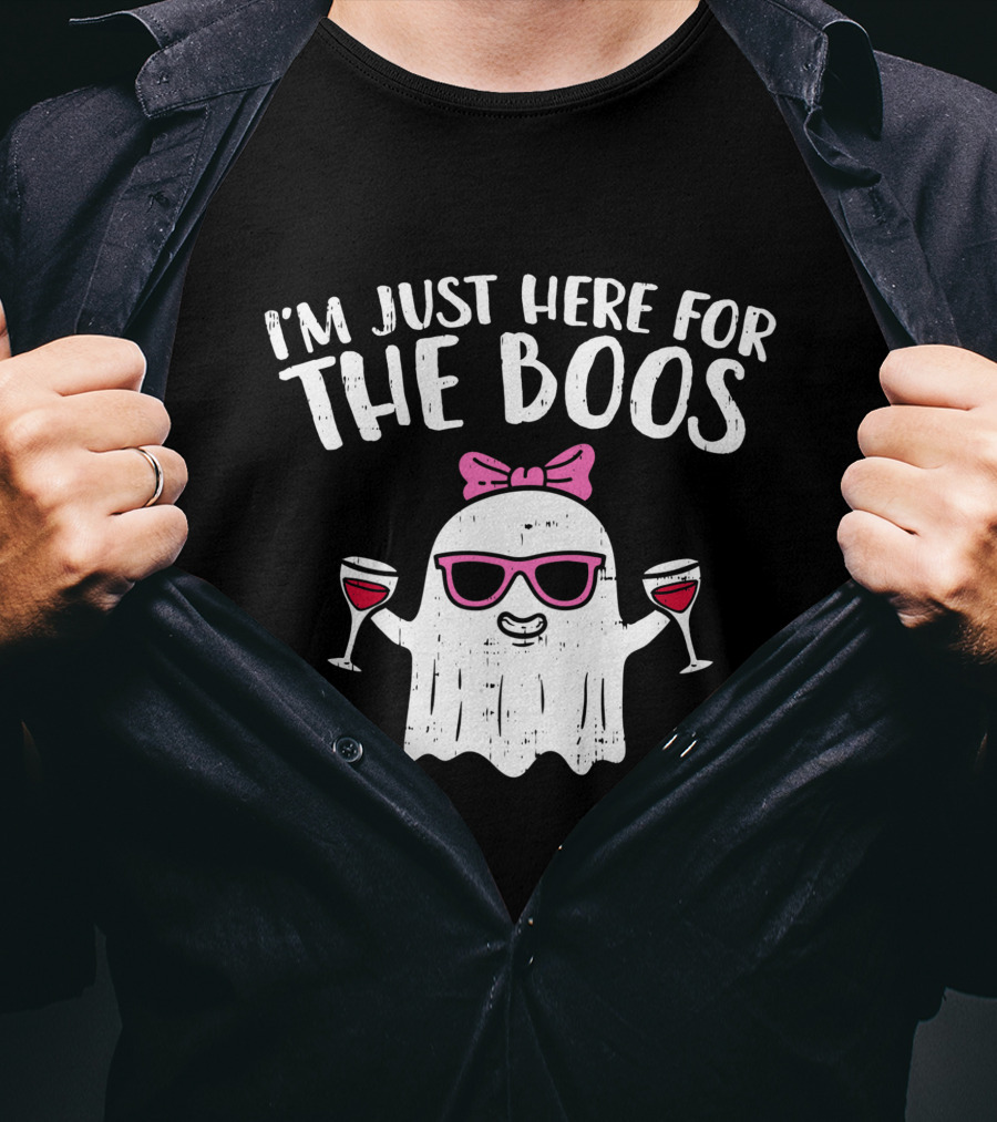 I'm Just Here For The Boos Ghost With Wine Glasses Halloween T-Shirt