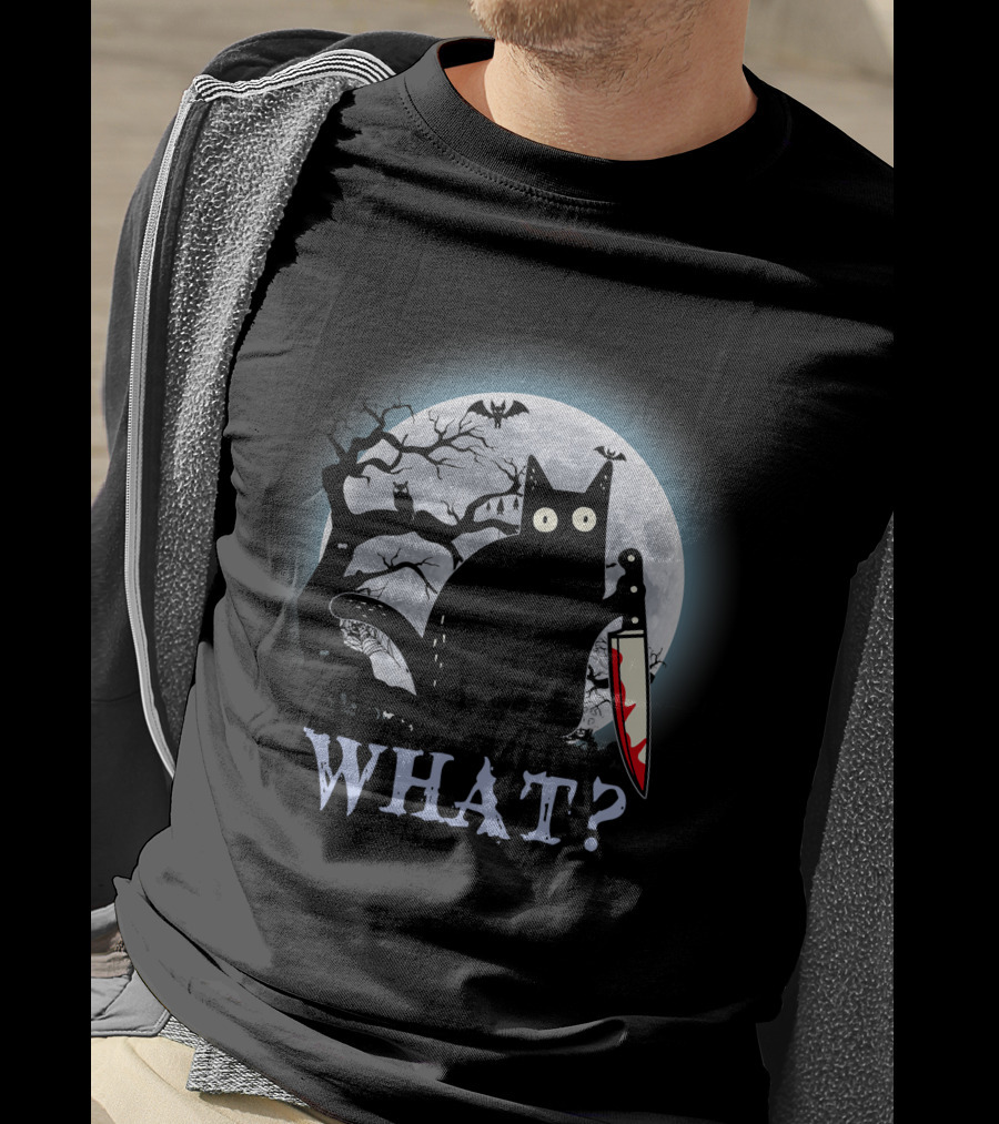 What? Black Cat With Knife Moon Halloween Scene T-Shirt