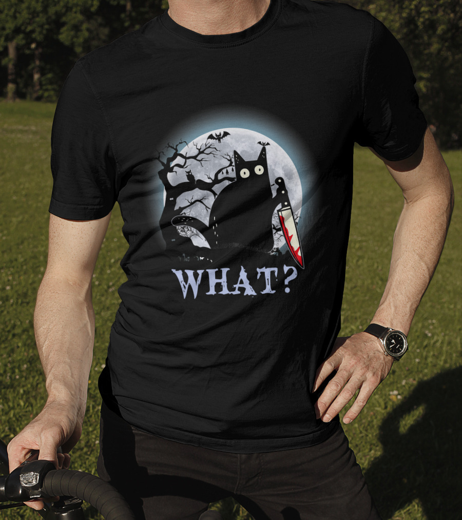 What? Black Cat With Knife Moon Halloween Scene T-Shirt