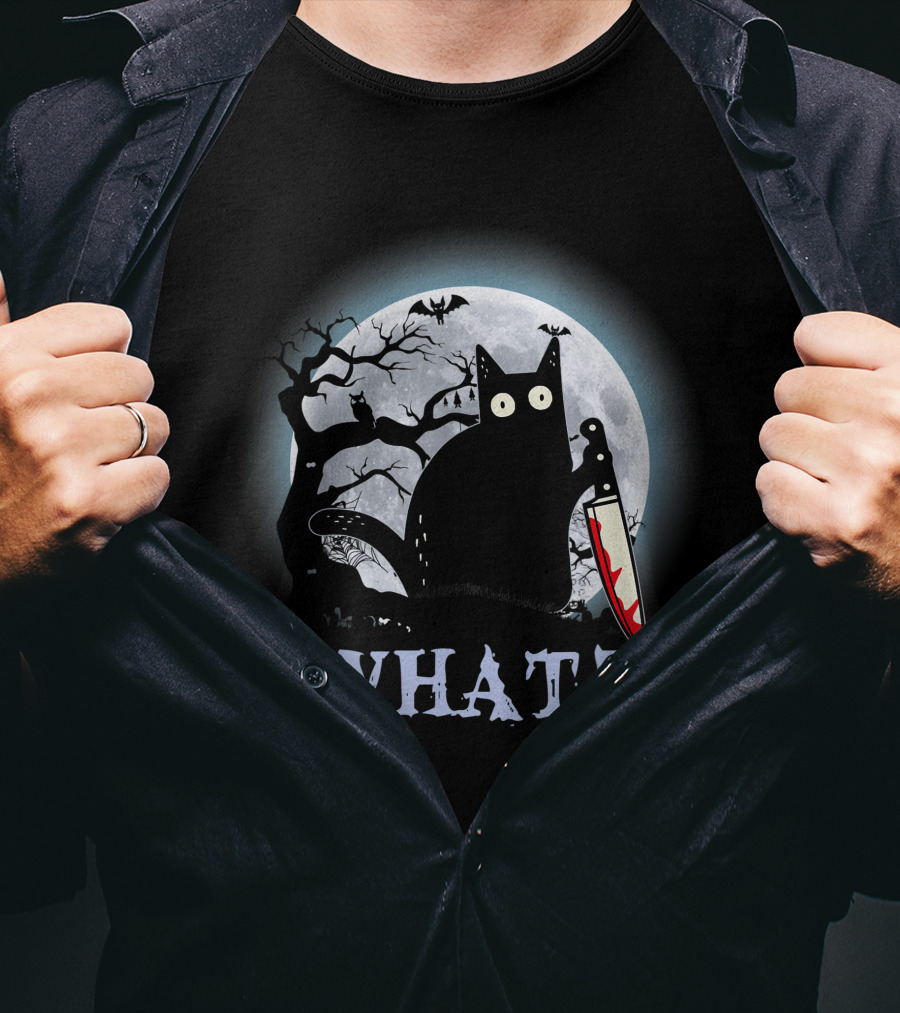 What? Black Cat With Knife Moon Halloween Scene T-Shirt