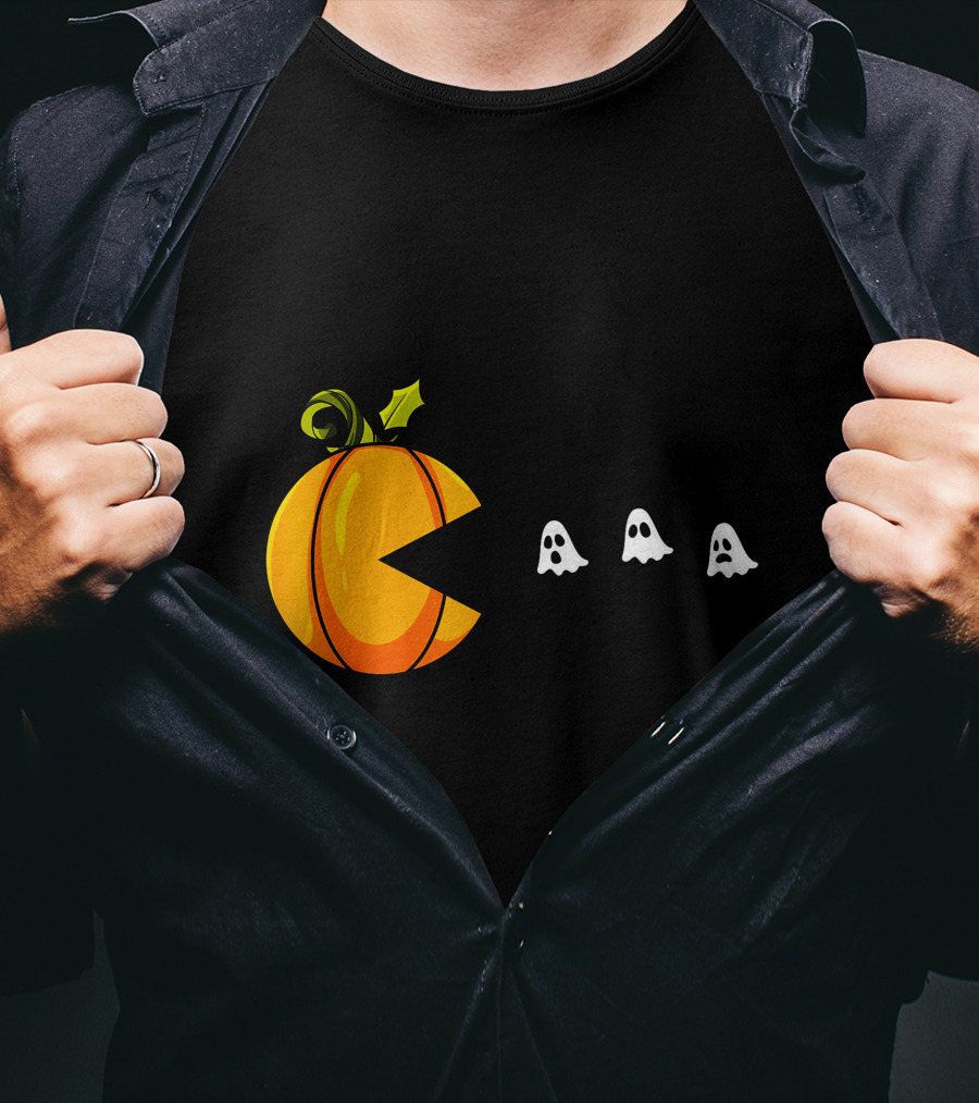 Pumpkin Pac-Man Chomping Ghosts Halloween T-Shirt