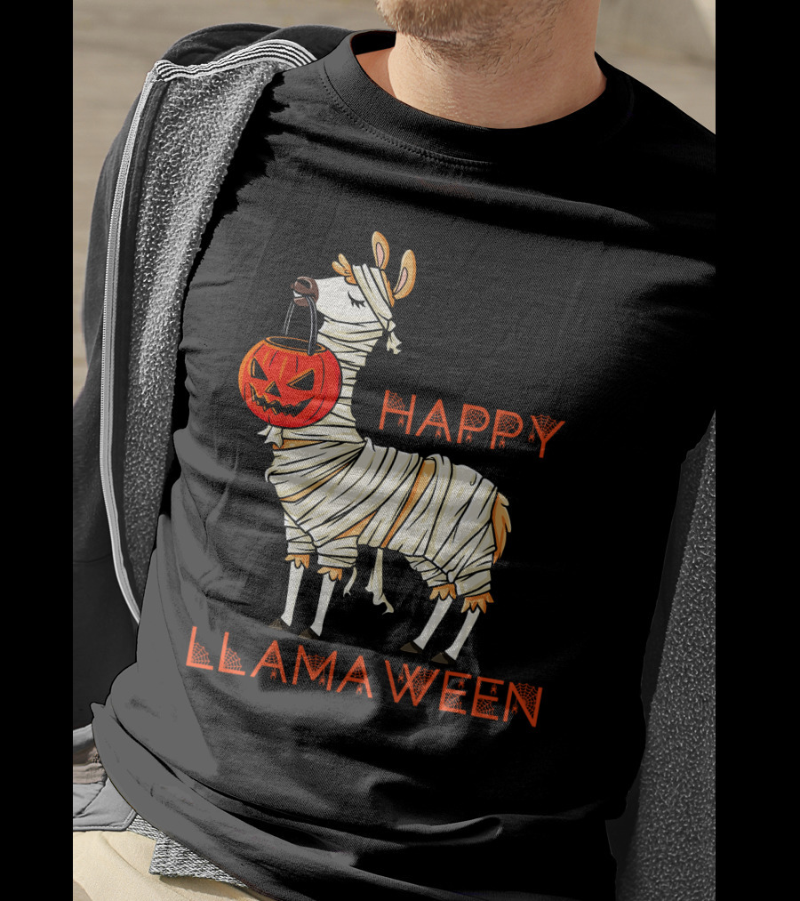 Happy Llamaween Funny Halloween Mummy Llama With Pumpkin Girls T-Shirt