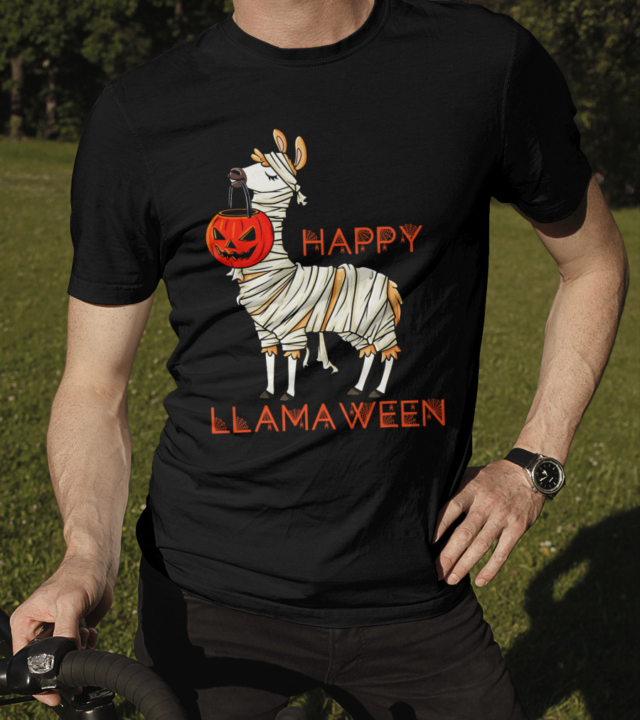 Happy Llamaween Funny Halloween Mummy Llama With Pumpkin Girls T-Shirt