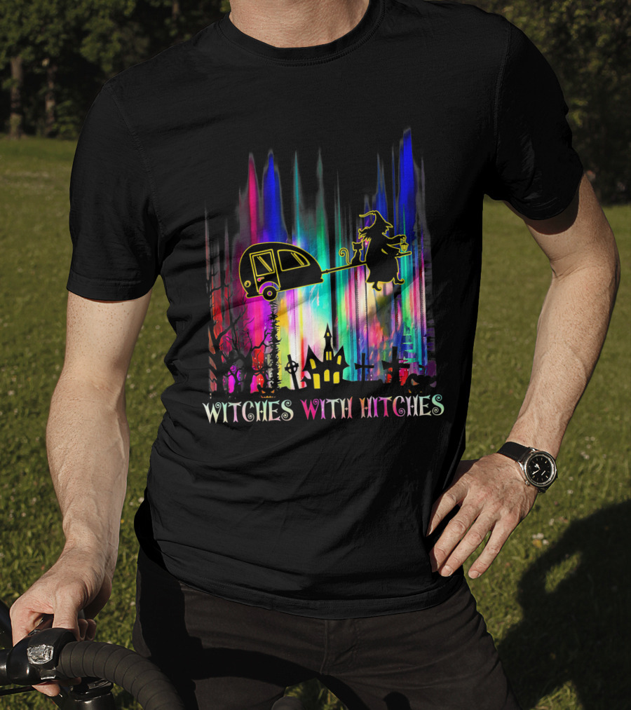 Witches With Hitches Halloween Camping Scene With Colorful Background T-Shirt
