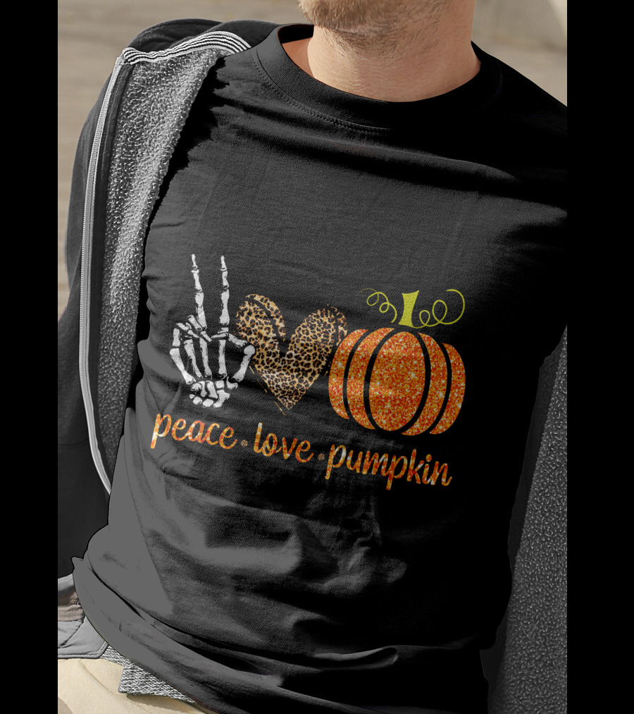 Peace Love Pumpkin Halloween Fall Girls Skeleton Leopard Print T-Shirt
