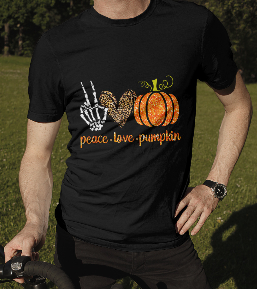 Peace Love Pumpkin Halloween Fall Girls Skeleton Leopard Print T-Shirt