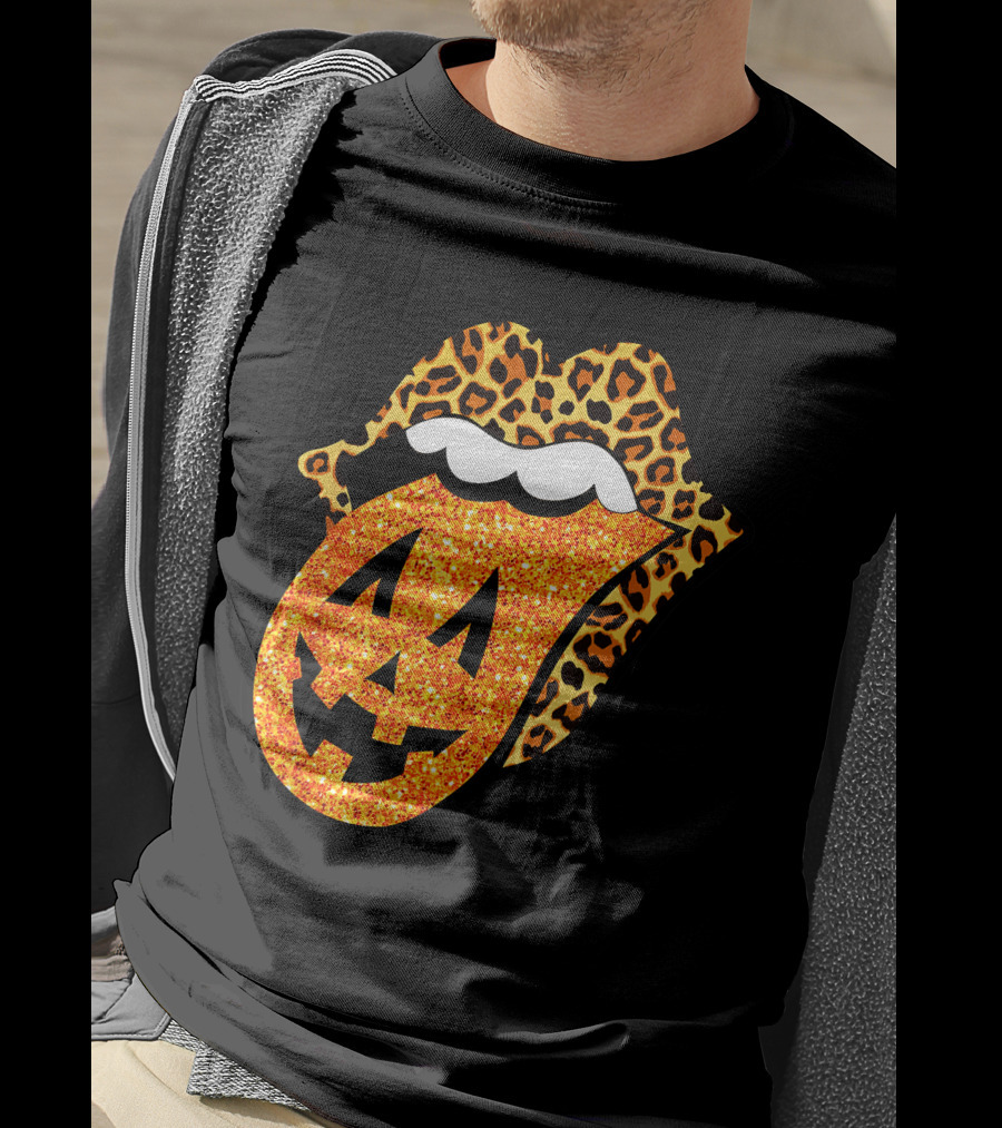 Leopard Lips Pumpkin Tongue Halloween Jack-O'-Lantern Face T-Shirt