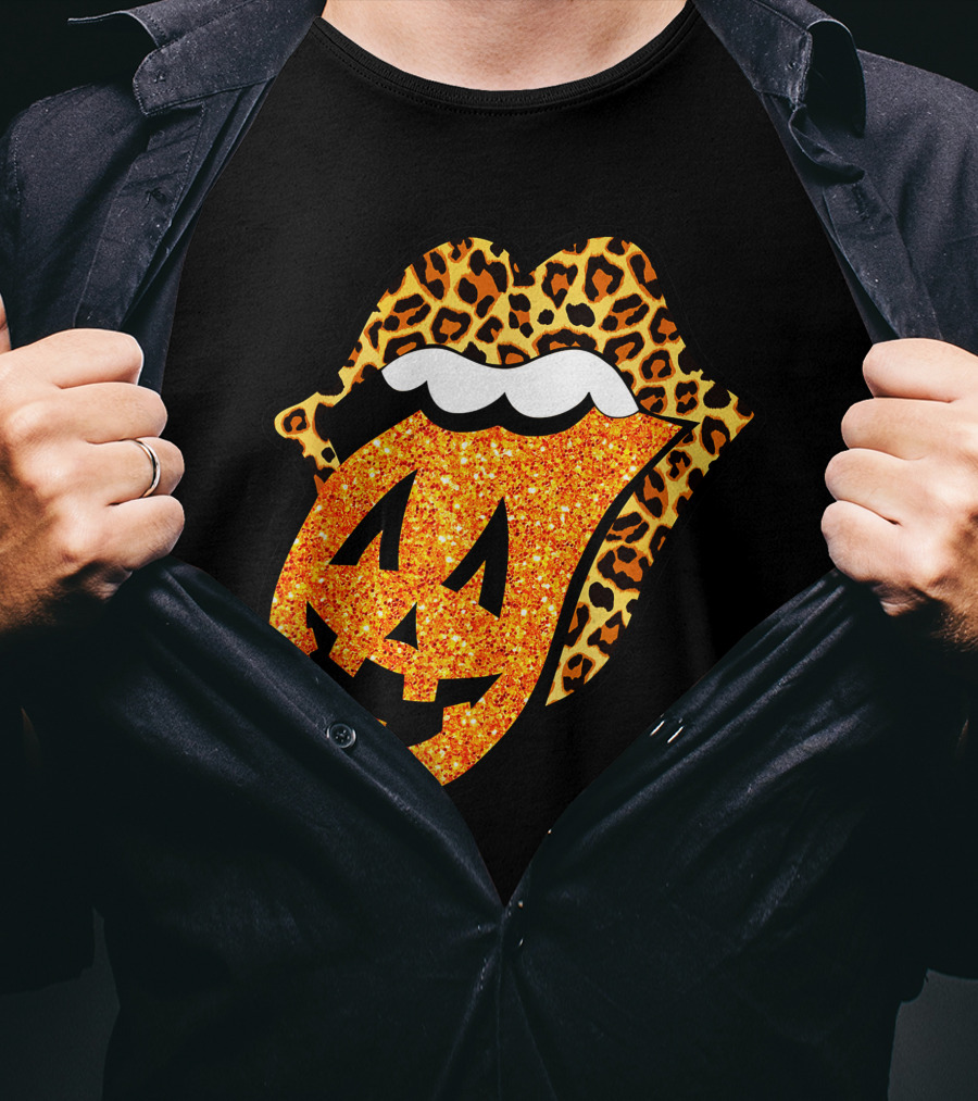 Leopard Lips Pumpkin Tongue Halloween Jack-O'-Lantern Face T-Shirt