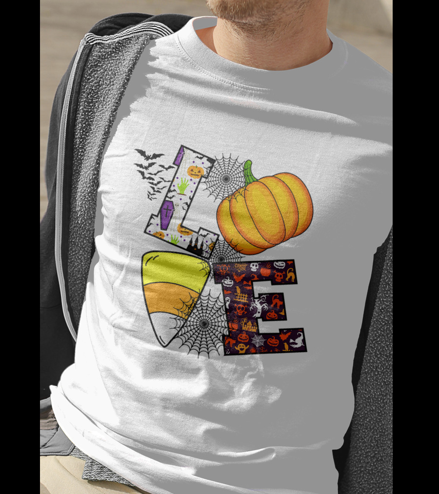 Love Pumpkin Candy Corn Halloween Spiderweb Bats Ghosts T-Shirt