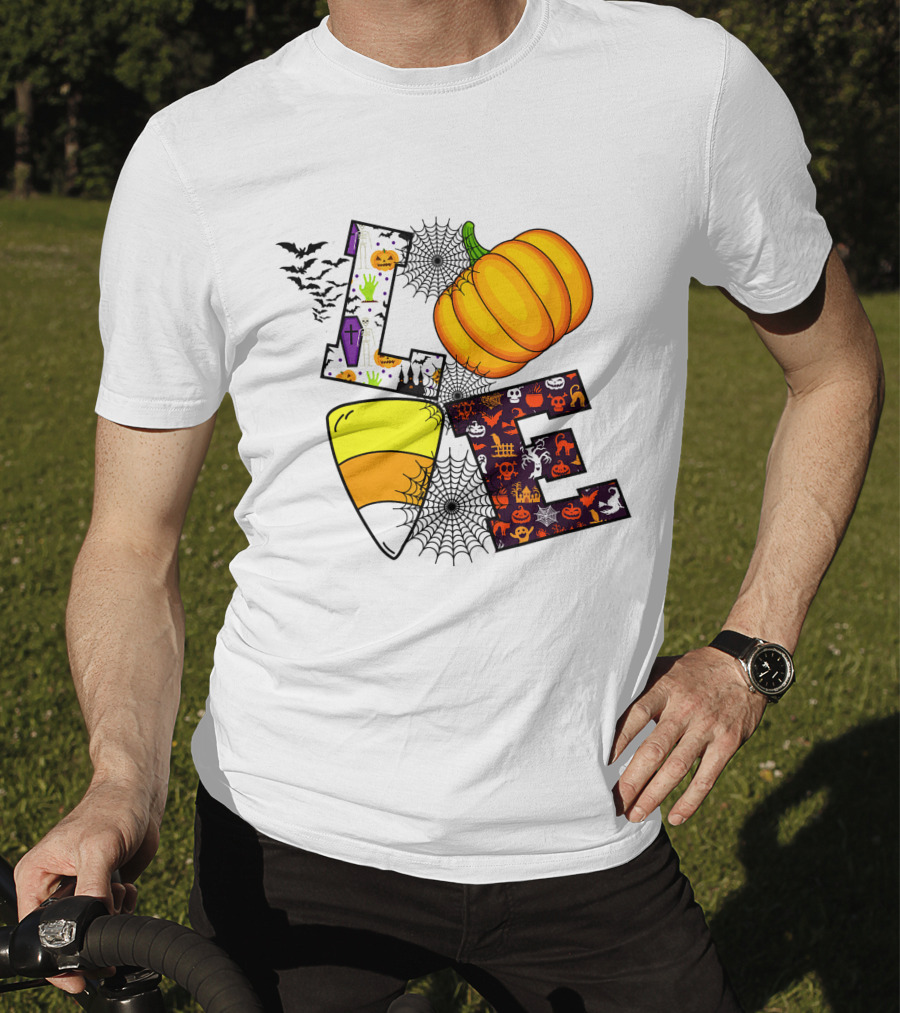 Love Pumpkin Candy Corn Halloween Spiderweb Bats Ghosts T-Shirt