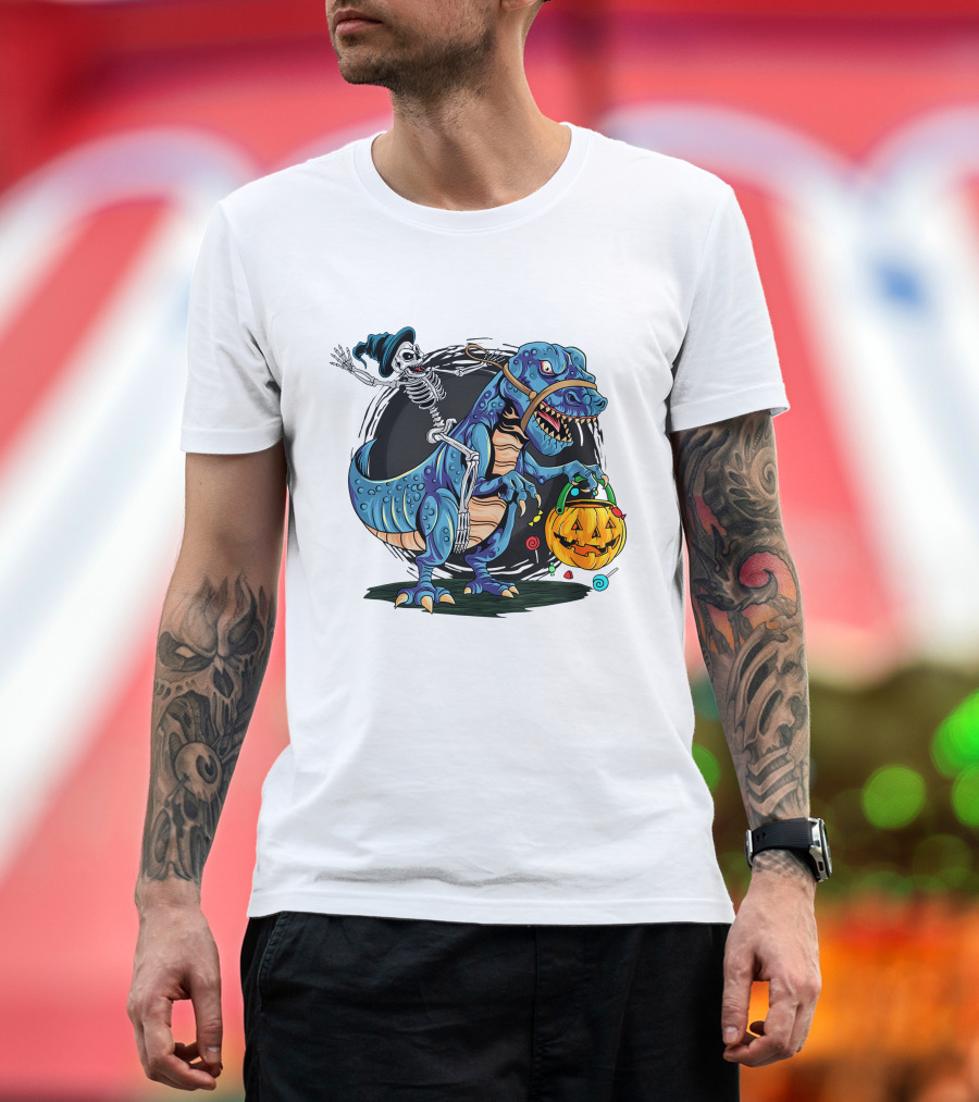 Skeleton Riding Dinosaur Halloween Candy Pumpkin Monster T-Shirt