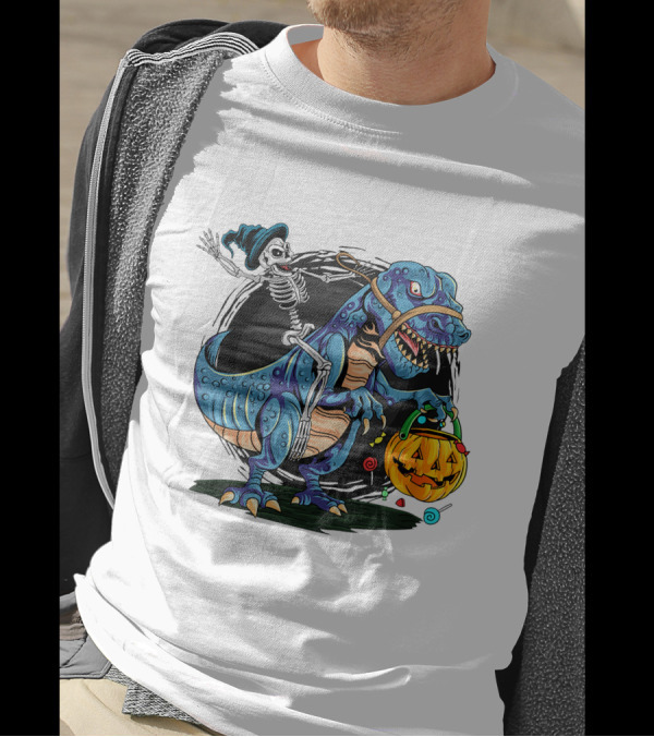 Skeleton Riding Dinosaur Halloween Candy Pumpkin Monster T-Shirt