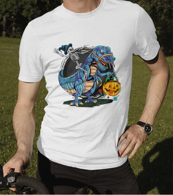 Skeleton Riding Dinosaur Halloween Candy Pumpkin Monster T-Shirt