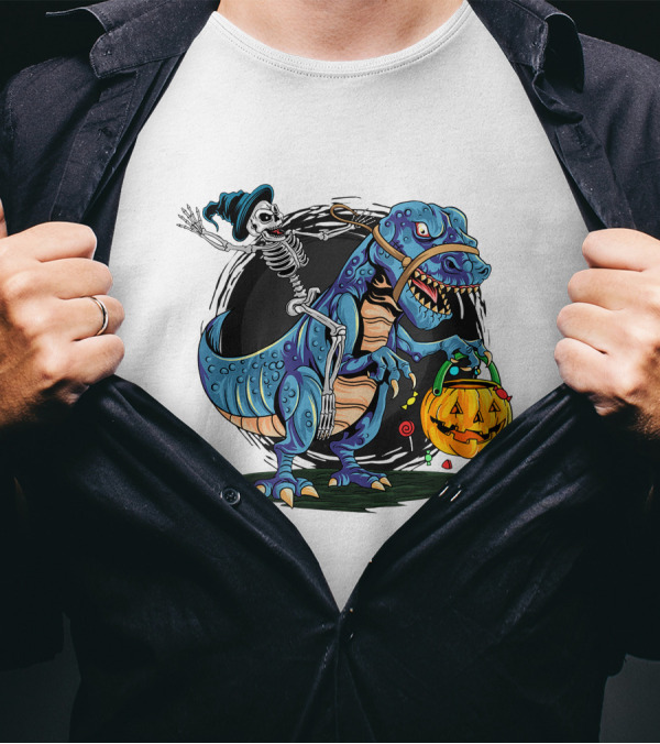Skeleton Riding Dinosaur Halloween Candy Pumpkin Monster T-Shirt
