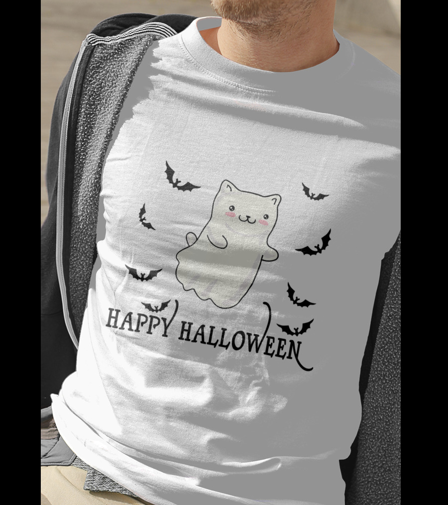 Happy Halloween Ghost Cat With Flying Bats T-Shirt