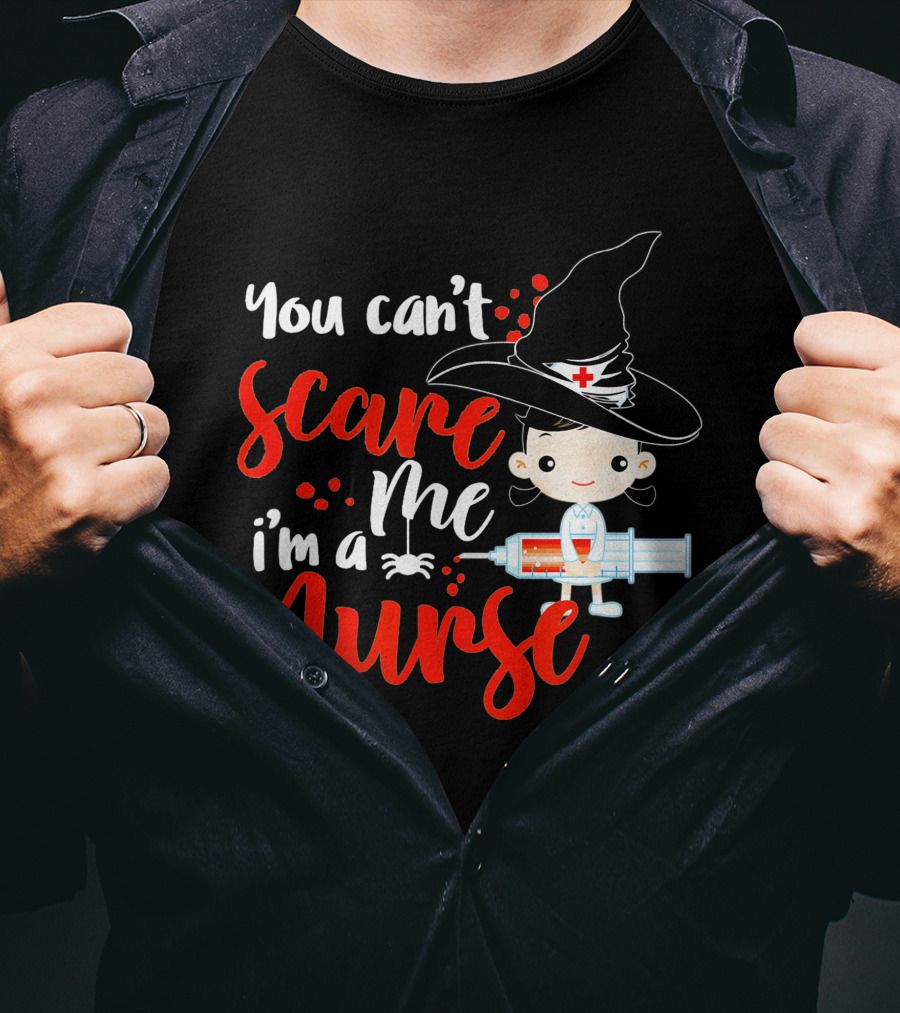 You Can't Scare Me I'm A Nurse Halloween Witch Hat Syringe T-Shirt