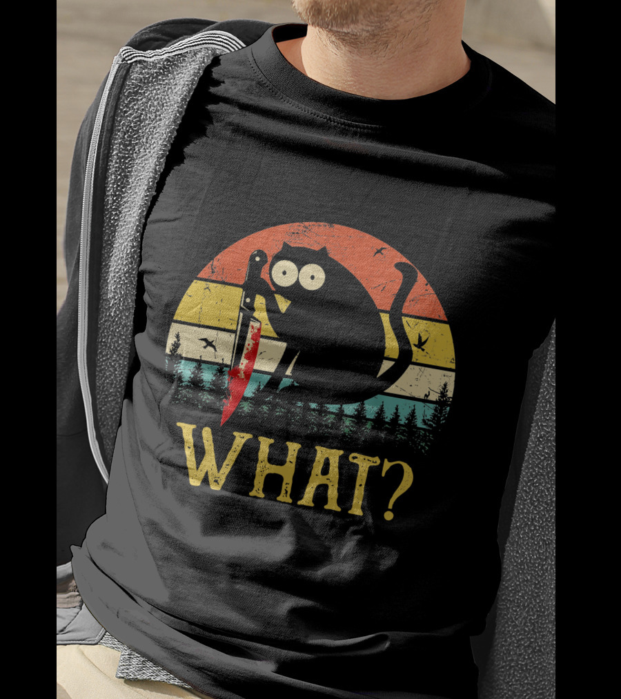 Black Cat What Retro Vintage Knife Sunset T-Shirt