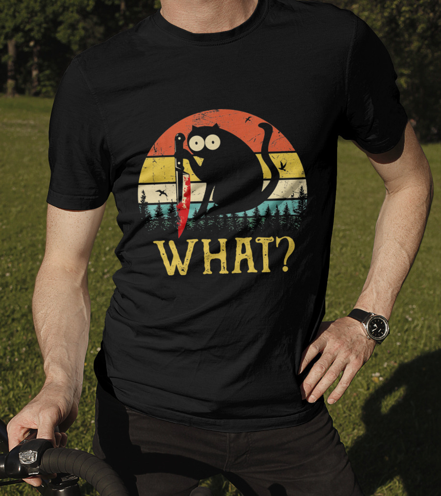 Black Cat What Retro Vintage Knife Sunset T-Shirt