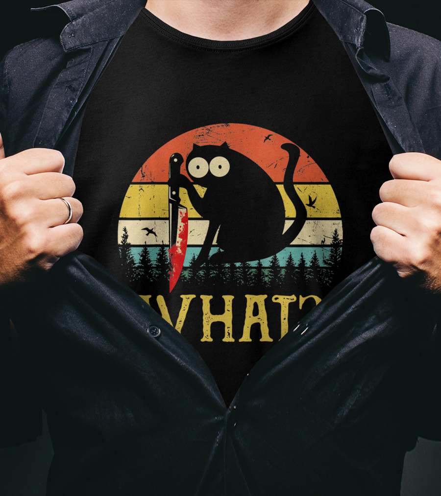 Black Cat What Retro Vintage Knife Sunset T-Shirt