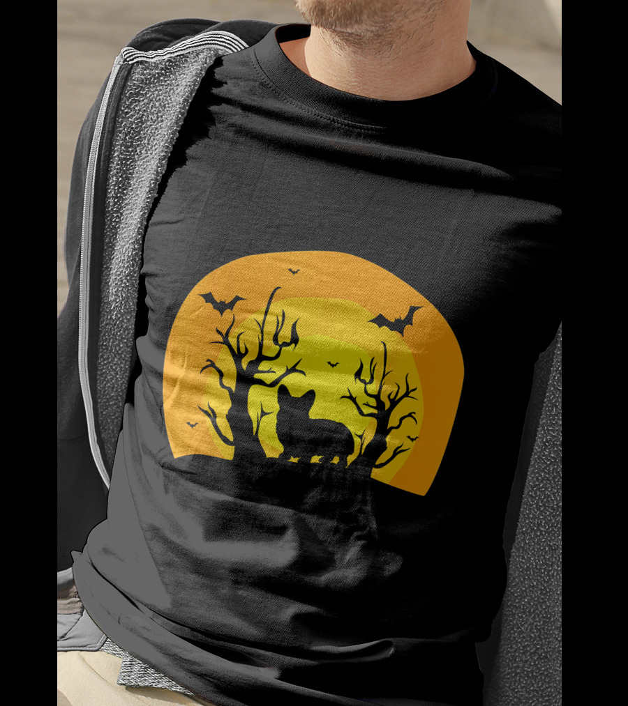 Corgi Dog Bat Halloween Silhouette With Moon And Trees T-Shirt