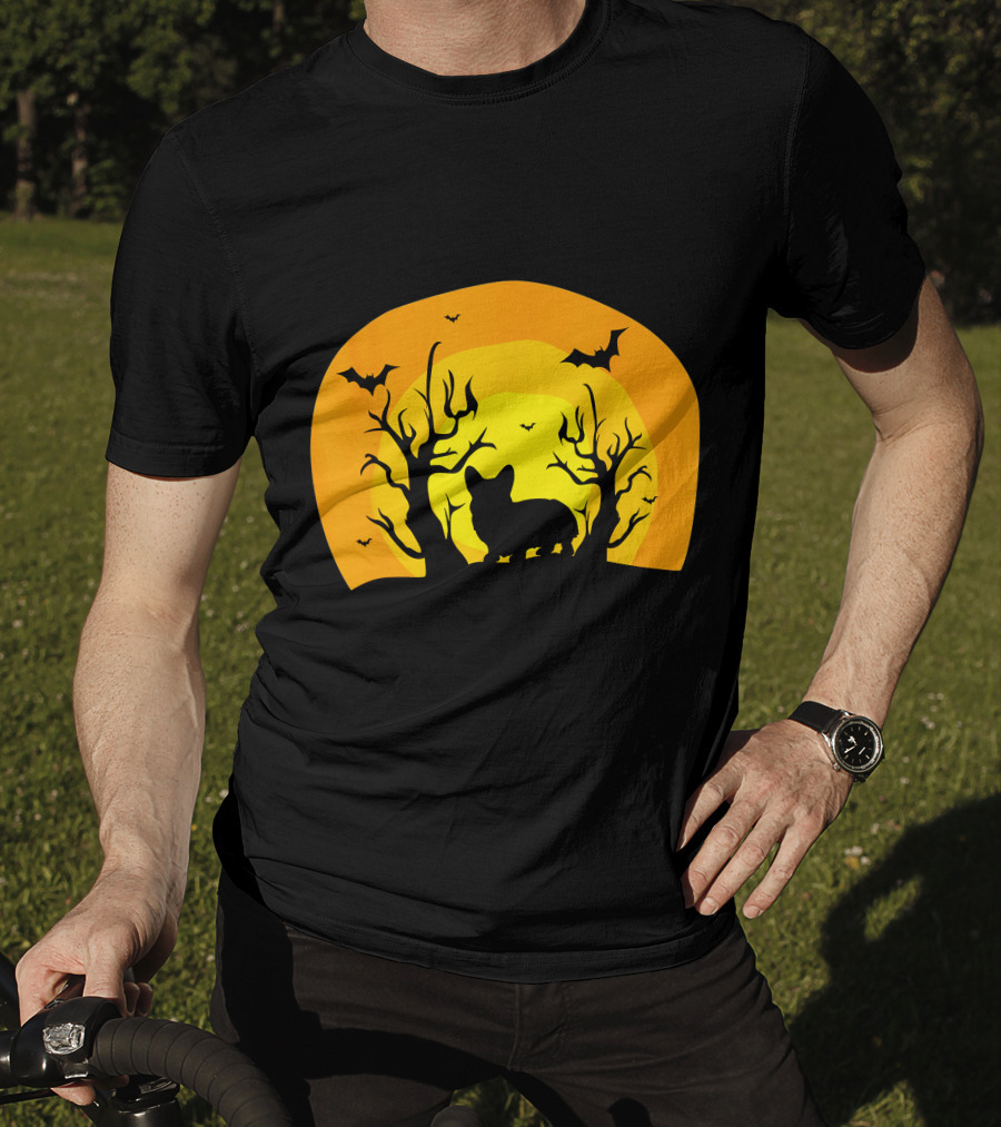 Corgi Dog Bat Halloween Silhouette With Moon And Trees T-Shirt