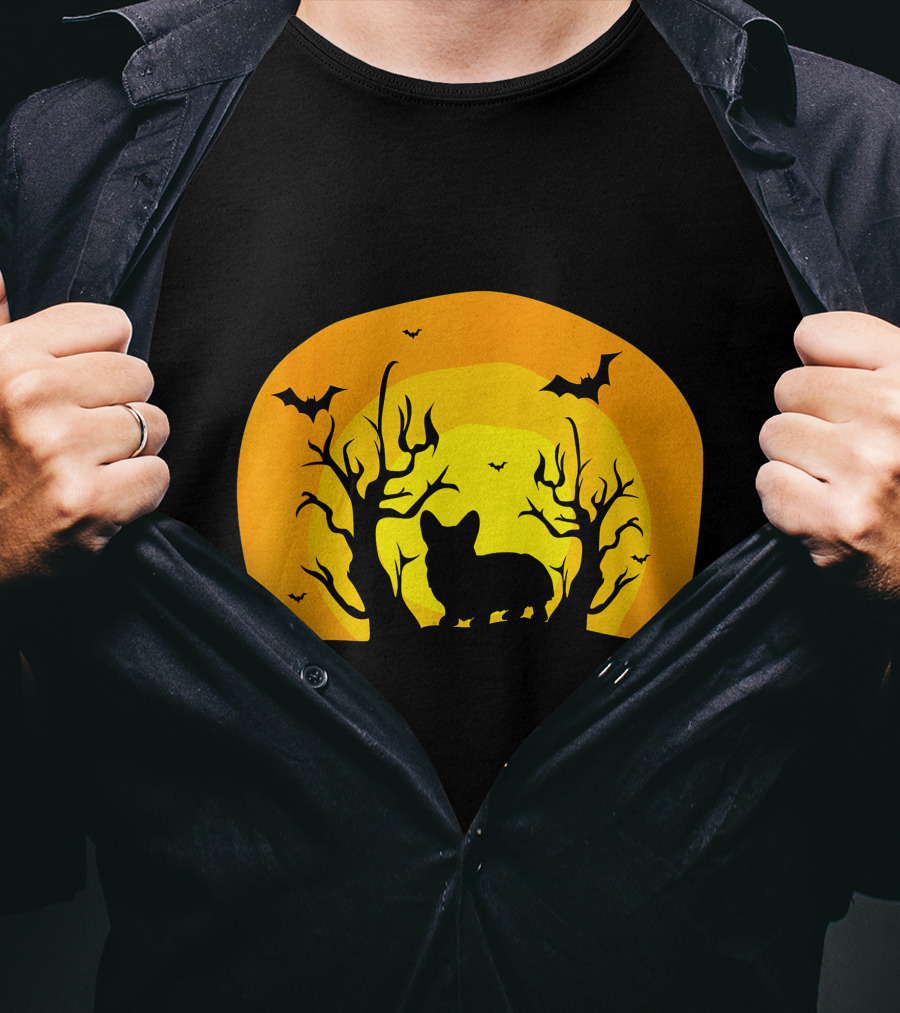 Corgi Dog Bat Halloween Silhouette With Moon And Trees T-Shirt