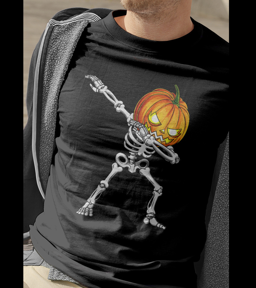 Halloween Dabbing Skeleton With Pumpkin Head T-Shirt