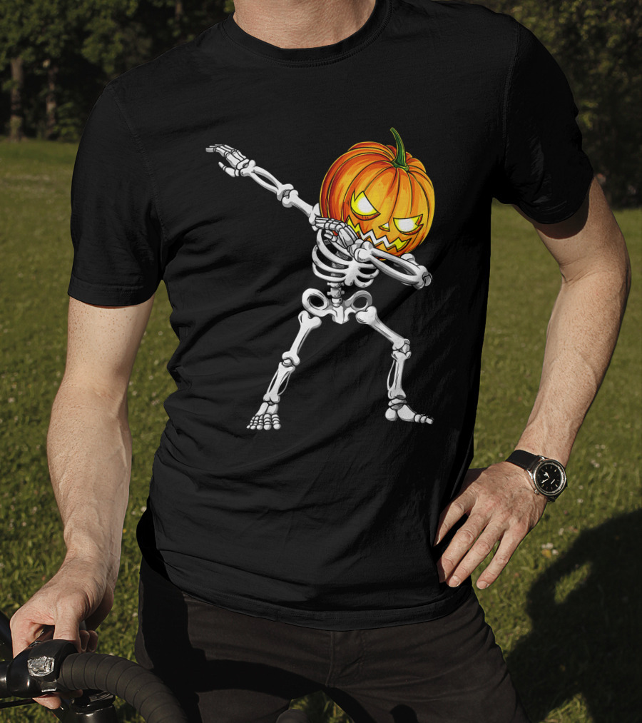 Halloween Dabbing Skeleton With Pumpkin Head T-Shirt