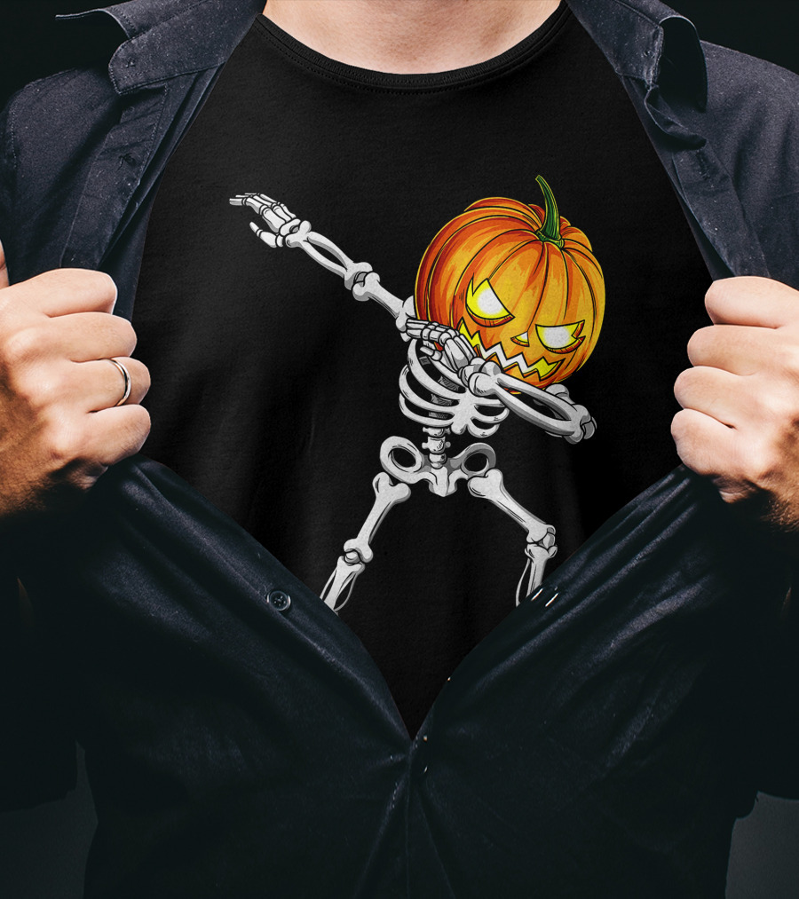 Halloween Dabbing Skeleton With Pumpkin Head T-Shirt