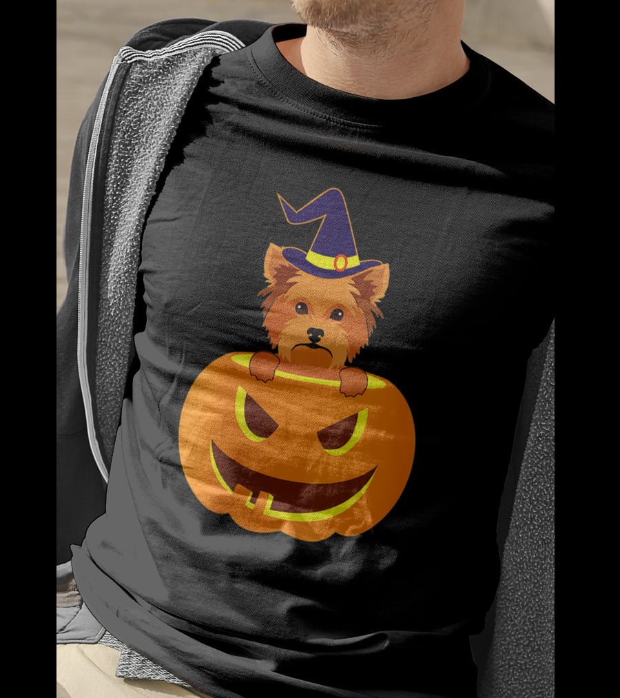 Yorkie Witch Hat Pumpkin Halloween Yorkshire Terrier T-Shirt