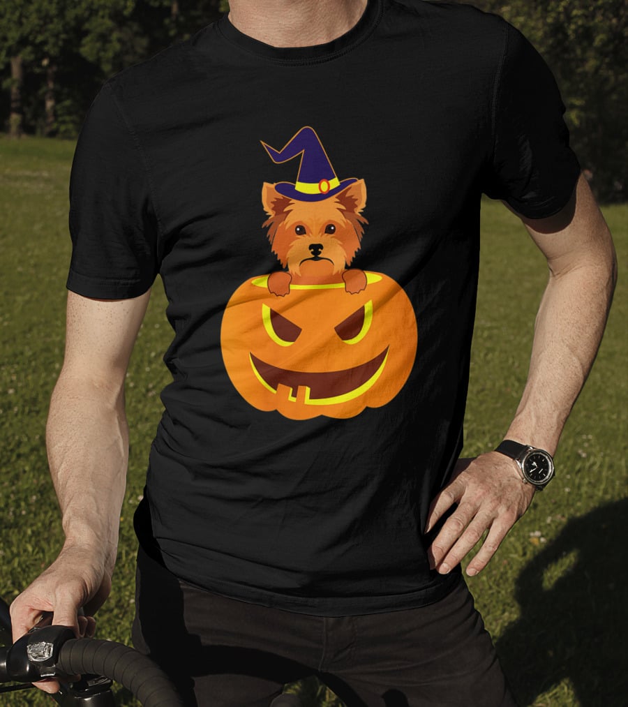 Yorkie Witch Hat Pumpkin Halloween Yorkshire Terrier T-Shirt