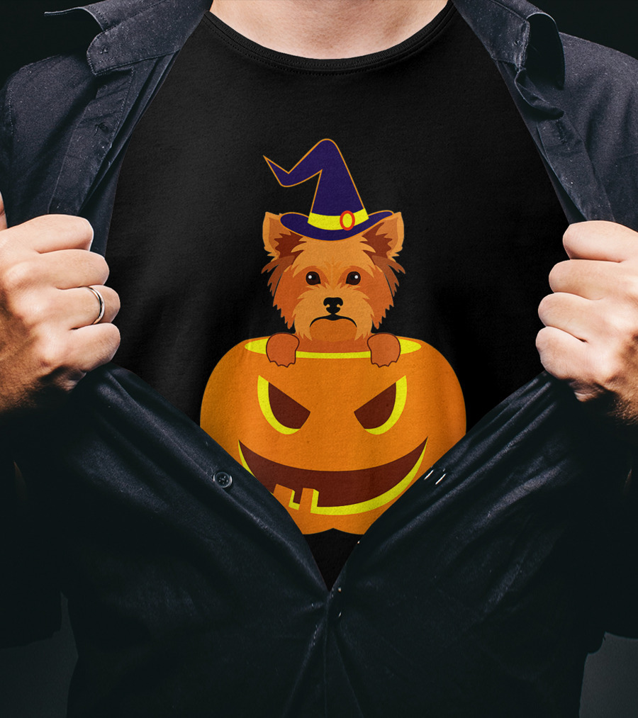 Yorkie Witch Hat Pumpkin Halloween Yorkshire Terrier T-Shirt