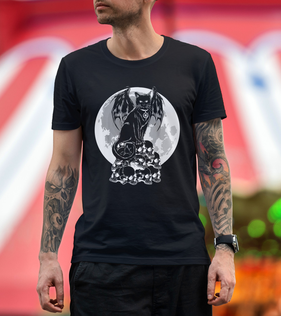 Halloween Cat Wings Skulls Moon Creepy Peace Sign T-Shirt