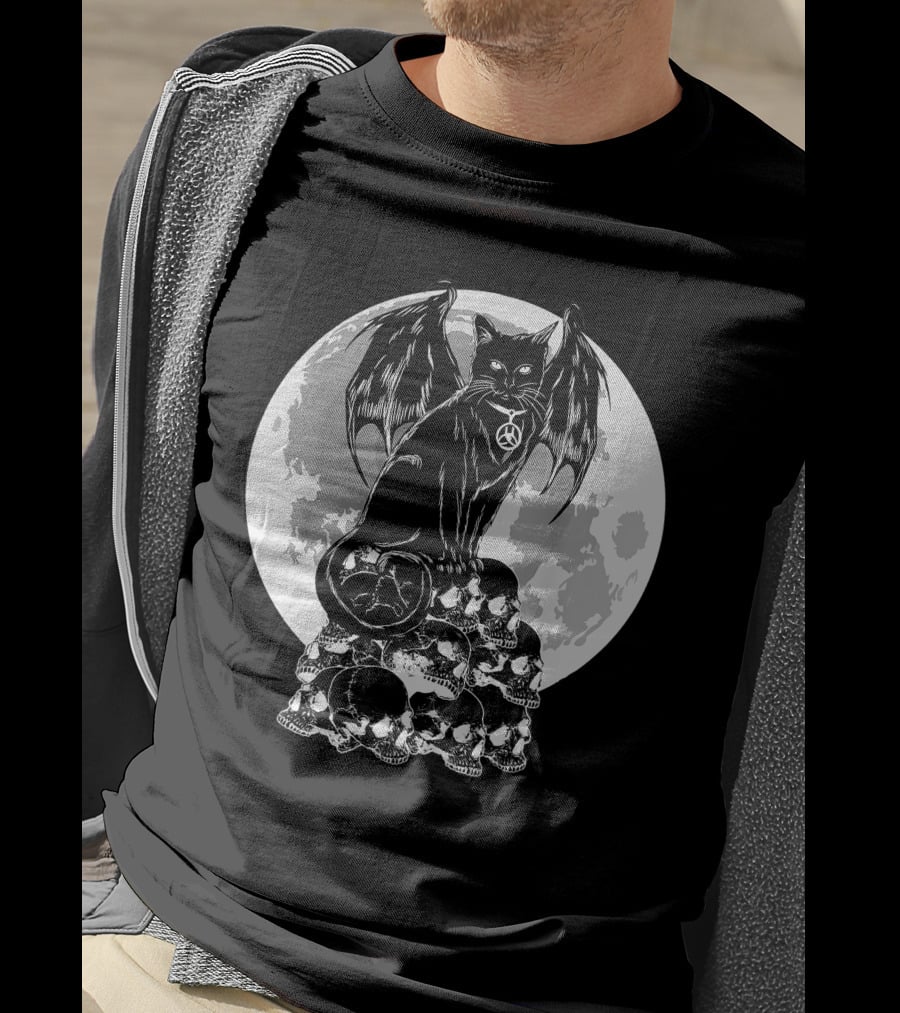 Halloween Cat Wings Skulls Moon Creepy Peace Sign T-Shirt