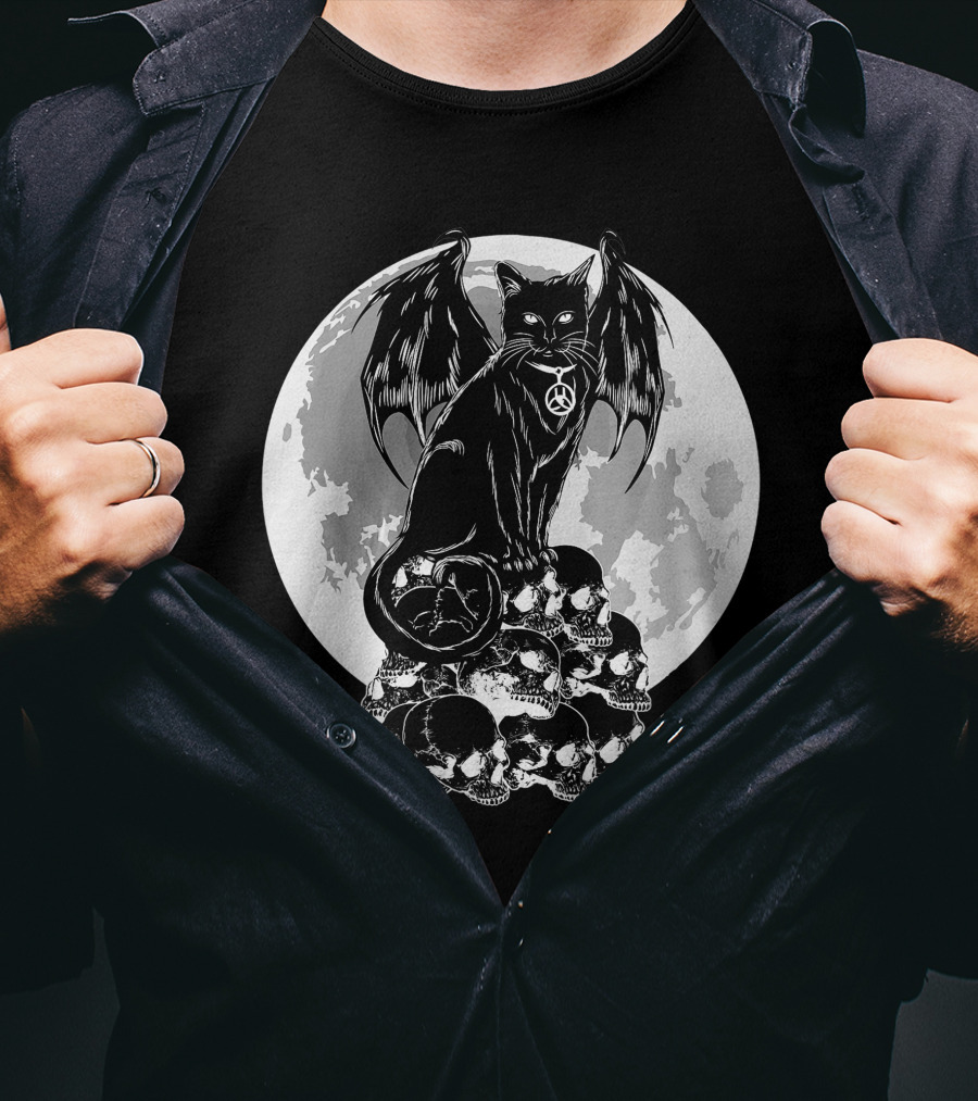 Halloween Cat Wings Skulls Moon Creepy Peace Sign T-Shirt